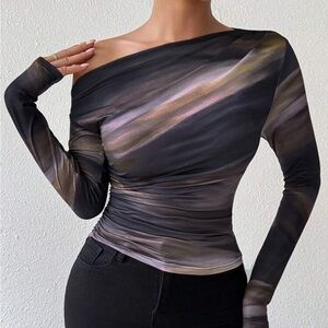 NWOT SHEIN Marble Gradient Print Asymmetrical Neck, Long Sleeve